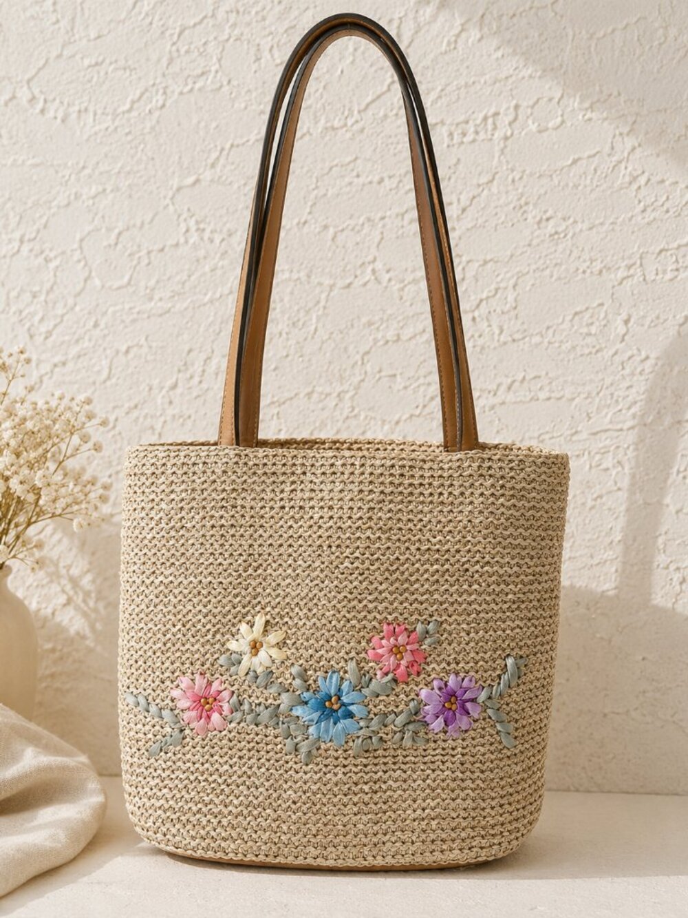 Vintage Embroidered Raffia Straw Tote Bag Floral Market Beach Cottagecore Purse